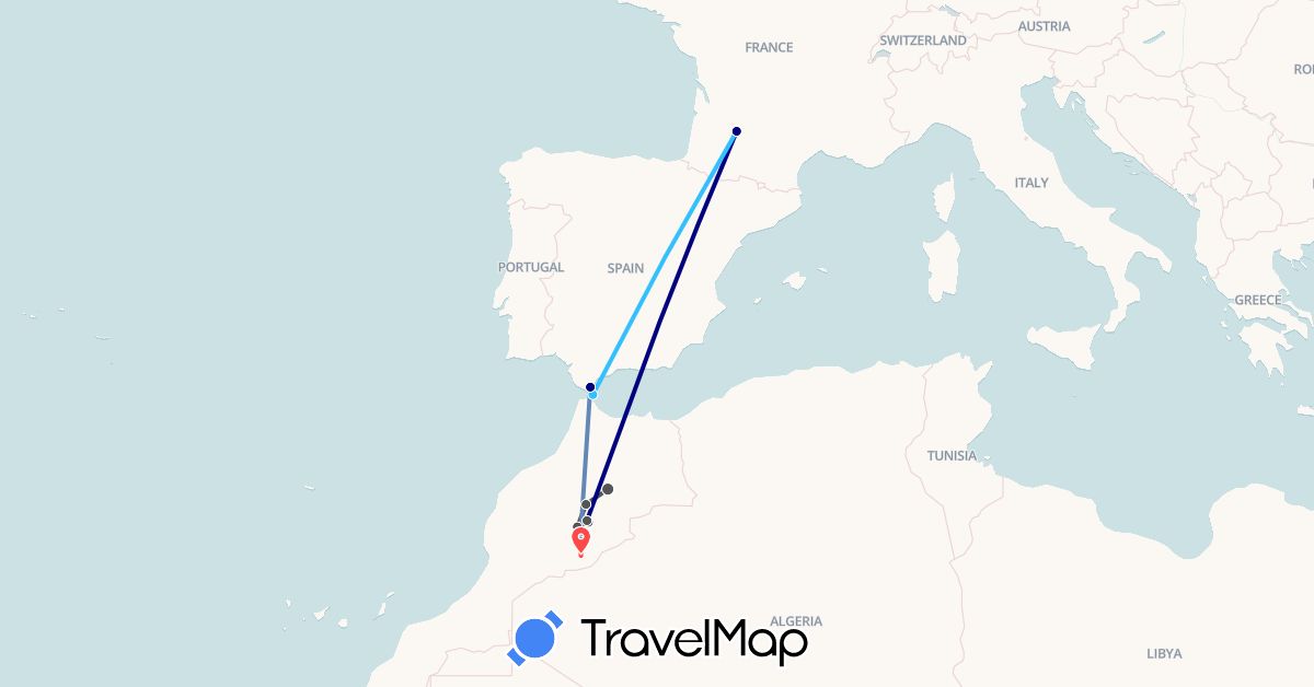 TravelMap itinerary: driving, cycling, hiking, boat, motorbike in Spain, Morocco (Africa, Europe)